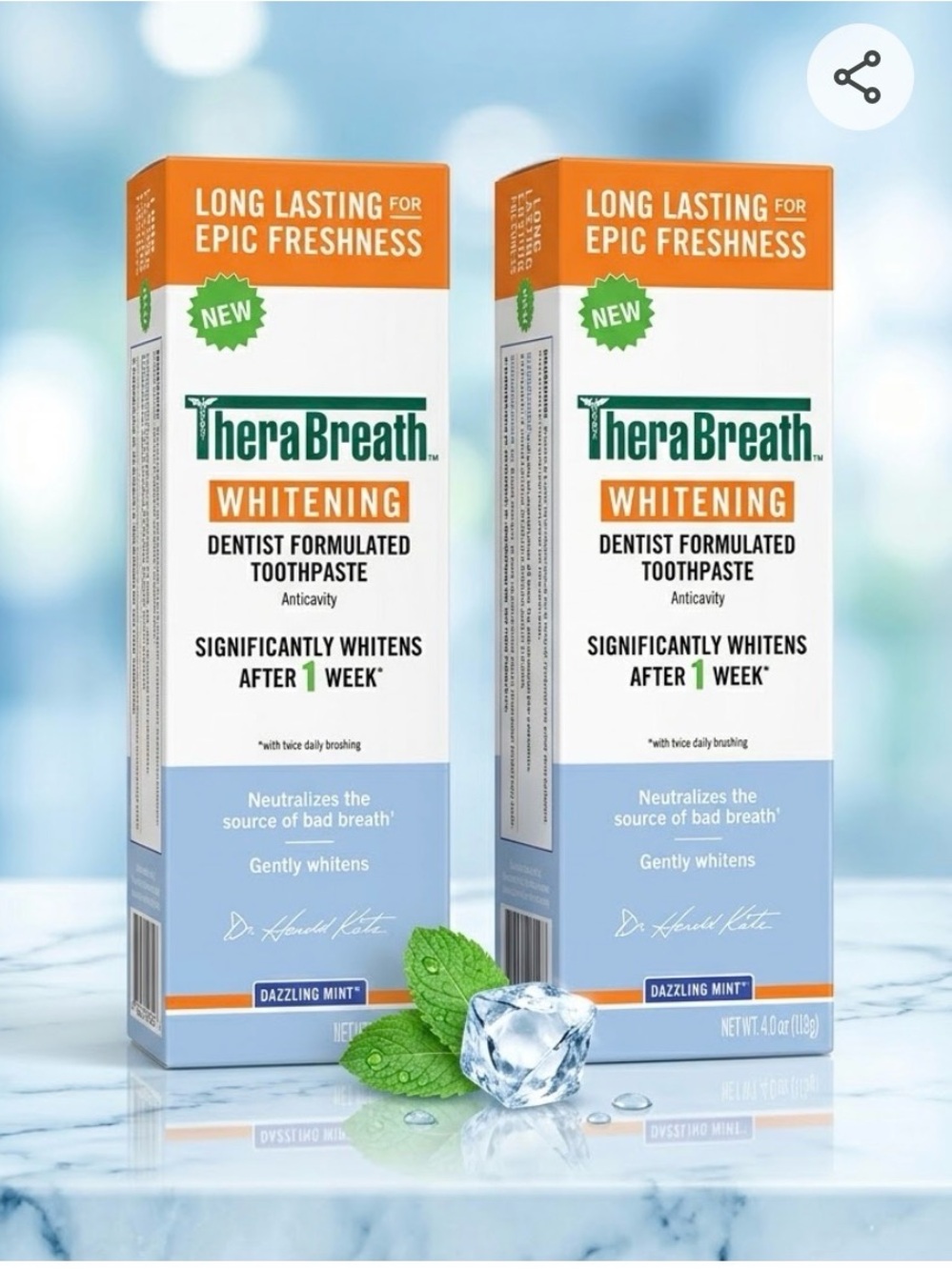 PACK OF 2) TheraBreath Whitening Toothpaste Dazzling Mint 4oz NIB